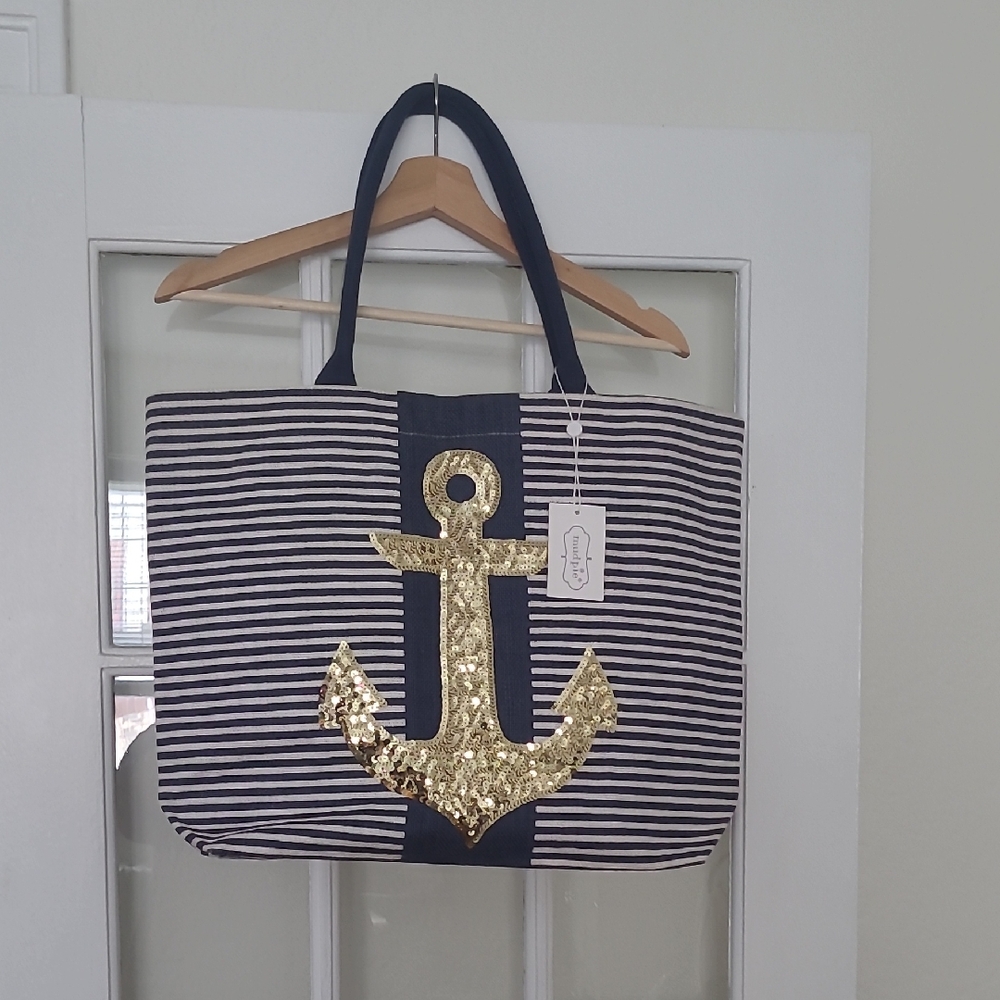 Nautical Striped Tote Bag with Gold Anchor